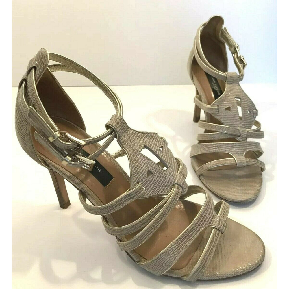 Ann Taylor Leather Faux Snakeskin Nude Gold Strappy Heels Stiletto Sz 6